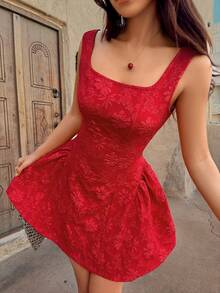 abyoxi 女士红色提花方领吊带背心，腰间系蝴蝶结，荷叶边迷你裙套装，性感甜美优雅浪漫，适合派对、约会、正式晚宴、情人节、春夏穿着，修身迷你连衣裙 - 查看 5