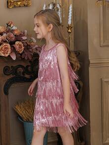 Tween Girl Sleeveless Flowing Sequin Fringe Party Dress, Flower Girl Dress, Princess Gown For Girls, Suitable For Birthday Party, Wedding, Prom, Holiday Celebration - Pink - View 6
