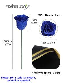 MEHELANY 20支/套 2.76英寸闪光玫瑰花束，DIY人造闪光花束，皇家蓝仿真花，人造玫瑰，永不凋谢的闪亮人造玫瑰花束，适合周年纪念、订婚、结婚礼物、家居装饰、办公室厨房装饰、派对装饰、房间装饰、情人节装饰、母亲节装饰、送给女友、妈妈、女士的生日礼物（含包装纸）