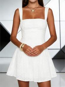 Women's Summer Cami Dress Sleeveless Square Neck Floral Eyelet Embroidery Beach Dress - 白色 - 查看 1