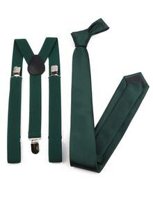 ZONFAZ 2pcs Men's Business Casual Adjustable Suspender & 6cm Plaid Necktie Set, Suitable For Wedding, Party, Daily Commute - Dark Green - View 1
