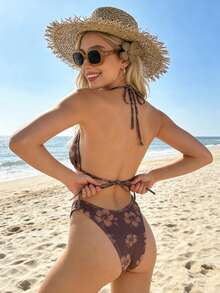Brown Halter Low-Waist Bikini Set With Triangle Bottoms, A Must-Have For Women's Beach Photos, Casual And Stylish For Summer - Nhiều màu - Xem 2