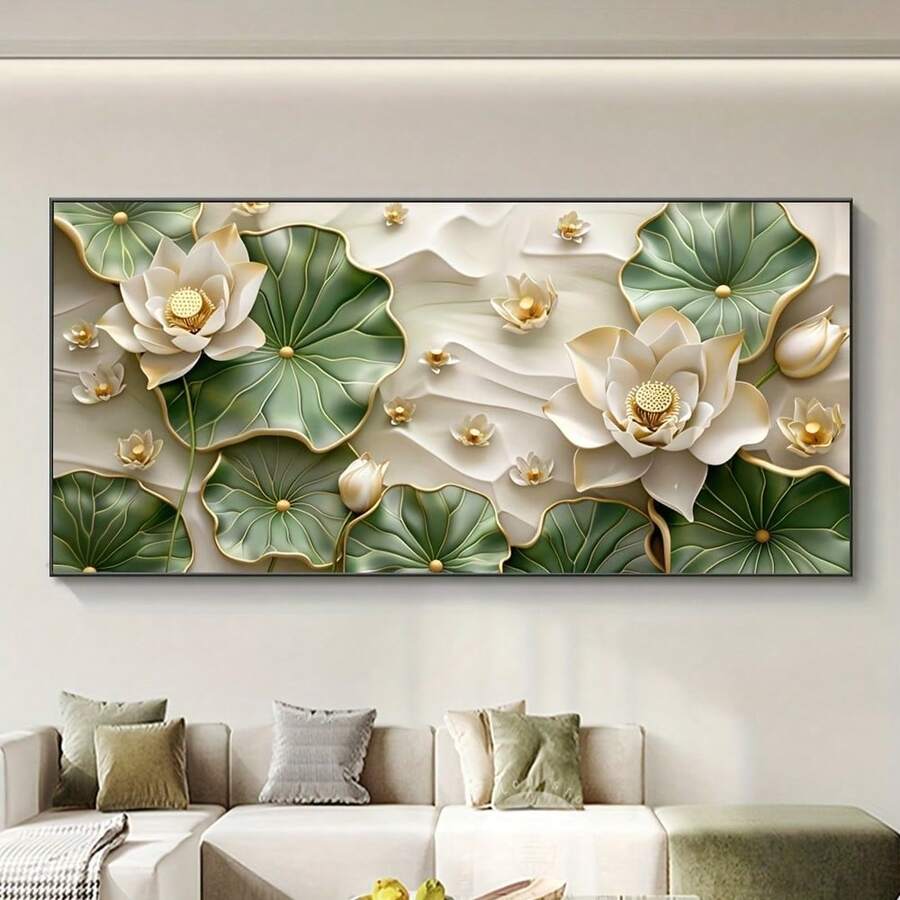 1幅无框荷叶帆布墙画 - 现代抽象花卉印花,清新自然风格大尺寸画作,适用于客厅、卧室、走廊装饰,通用节日礼物 - 彩色 - 查看 1