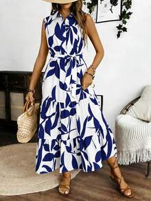 Vestido Largo Sin Mangas Para Mujer Con Estampado En Todo El Cuerpo, Vestido Tank Elegant De Cuello V Con Cinturón - Azul - Ver 4
