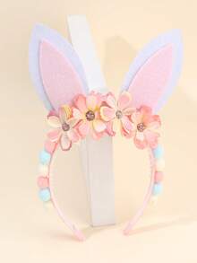 1pc Easter Pink Flower Headband For Girls,Fabric Rabbit Ear Bunny Ears Decor Headband For Girl,Cute Easter Rabbit Ear Hair Accessories For Girl Easter Gifts