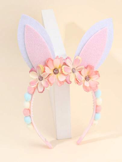 1pc Easter Pink Flower Headband For Girls,Fabric Rabbit Ear Bunny Ears Decor Headband For Girl,Cute Easter Rabbit Ear Hair Accessories For Girl Easter Gifts