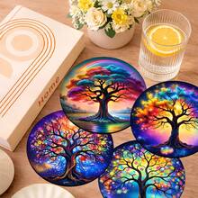 6pcs Life Tree Pattern Coaster Set, Tea Cup Mats, Water Cup Mats, Wine Glass Mats, Coffee Cup Mats, Round Absorbent Silica Gel Coasters, Home Decor, Party & Tableware Gift Set, Suitable For All Seasons - Multicolor - View 8