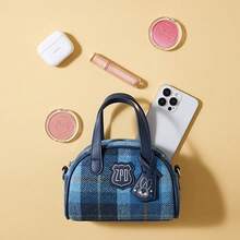 Miniso 疯狂动物城系列朱迪保龄球包，复古格子设计，ZPD标志装饰，多场景收纳、约会购物手提包（1个） - 藍色 - 查看 3