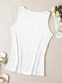 Sequin V-Neck Sleeveless Top, Elegant Tank Top For Spring And Summer Casual - Pearl White - View 2