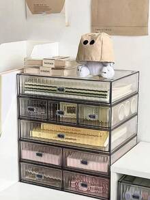 1pc Desktop Transparent Striped Drawer Style Student Stationery Dust-Proof Storage Box, Stackable Makeup & Miscellaneous Items Organizer - Multicolor - View 3