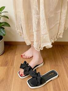 女士平底凉鞋，新款夏季蝴蝶结设计，优雅女士凉鞋，休闲舒适，时尚简约，柔软轻便，适合海滩、旅行、婚礼、派对、户外活动等场合，黑色 - 黑色 - 查看 11