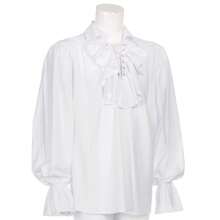 Retro Men's Shirt, Ruffle Lace Up V Neck Long Sleeve Solid Color Cosplay Prince Drama Stage Costume - 純白色 - 查看 5