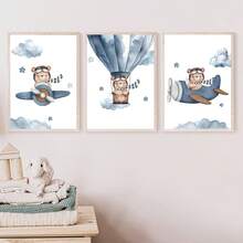 1幅帆布墙画 - 飞熊主题婴儿房装饰：飞机和热气球设计婴儿用品 - 带框幼儿房墙画，非常适合游戏室装饰、幼儿园装饰、男孩房装饰、女孩卧室装饰、儿童房装饰 - 彩色 - 查看 10