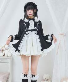 Women's Princess Lace Dress With Bowknot Decor And Ruffle Hem - Black and White - View 2