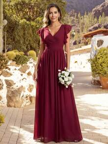 EVERPRETTY 褶皱V领不对称雪纺酒红色伴娘礼服，适合婚礼、生日派对、情人节等场合。 - 酒紅色 - 查看 7