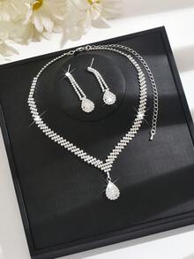 3pcs/Set Silver Metal Rhinestone Necklace, Earrings And Bracelet Jewelry Set, Bridal Wedding Accessories - 1769 Silver Necklace and Earring Set - View 3