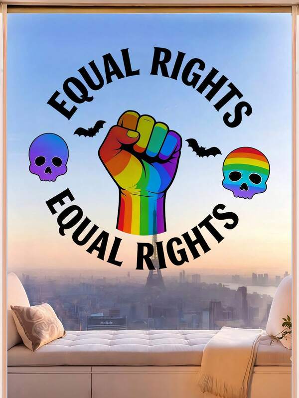 1pc Bold EQUAL RIGHTS Window Sticker With Colorful Skull Artwork, Window Clings For Glass Windows Perfect For Home Windows, Studios, Cafes And Creative Shop Displays. Ideal For Adults Who Love Expressive Decor And Statement Art, Making A Meaningful Gift For Friends And Art Lovers.