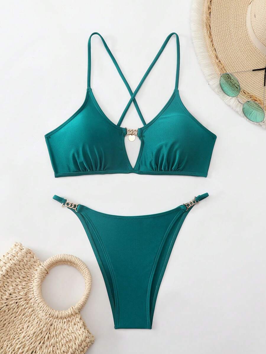 Bikini elegante y sexy de color verde pavo real sólido y dorado, ropa de playa y resort de vacaciones de verano para mujer - Agua verde azul - Ver 1