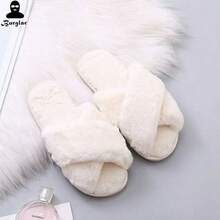 Cross-Strap Ladies Fur Plush Slippers Foreign Trade Cross-Border Slippers Open-Toed Slippers Home Girls Warm Cotton Slippers - 白色 - 查看 4