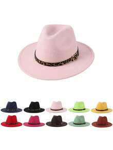 1pc Gray Felt Fedora Hat, Wide Brim Design With Leopard Print Band & Metal Buckle Decor, Chic & Stylish For Casual, Commute, Street Wear, Unique & , Multi-Color Options To Match Various Outfits