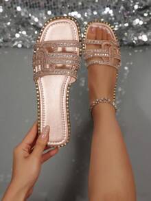 Summer Palace Style Exquisite Gorgeous Rhinestone Strap Flat Sandals, Versatile Fashion Women Shoes, Hurry Up Sisters! - Champagne - View 1