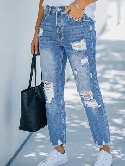 Pantalones vaqueros cómodos sin estiramiento para mujer con detalles rasgados para uso casual