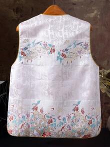 This Crane And Floral Design Creates A Modern Chinese Style Round Neck Vest For Women, Offering An Elegant And Casual Look. The Lightweight Sleeveless Tang-Style Vest Is Perfect For Spring And Summer, Layered Over A Shirt. Made Of Comfortable Fabric, It Features A Shorter Front And Longer Back, With Side Slits. Suitable For Holidays, Casual Wear, Vacations, Social Occasions, And Everyday Wear. - 花色 - 查看 4