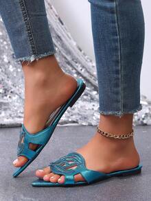 新款春夏时尚品牌 H Style 女士拖鞋，休闲系带罗马凉鞋，舒适穆勒凉鞋，黑色、米色、棕色可选，平底，压纹，沙漠钥匙图案，法式优雅水钻厚底坡跟凉鞋，沙滩鞋，简约室内/室外拖鞋，鳄鱼纹金属装饰平底凉鞋 - 藏蓝色 - 查看 3