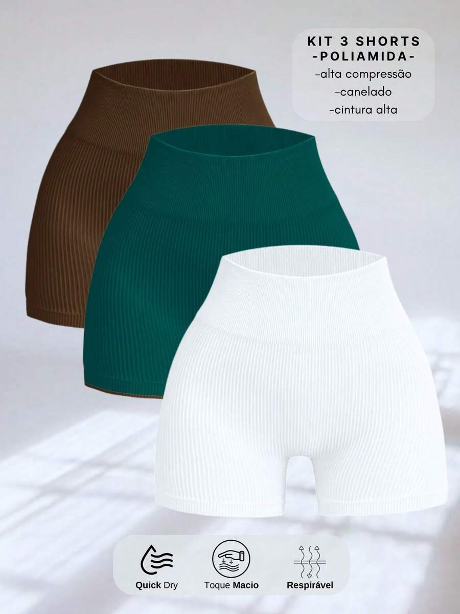 SET OF 3 SEAMLESS RIBBED SHORTS – HIGH COMPRESSION - Marrón/Verde/Blanco - Ver 1