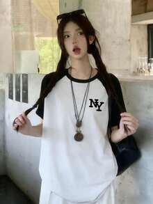 夏季新款 Z-Gen Y2K 女式印花圆领撞色插肩短袖 T 恤 - 黑與白 - 查看 4