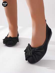 经典蝴蝶结装饰圆头平底女鞋，加大码 36-43，加厚前脚掌保护双脚，优化的鞋跟设计防滑，柔软面料材质和缓冲鞋垫，穿着舒适 - 黑色 - 查看 4