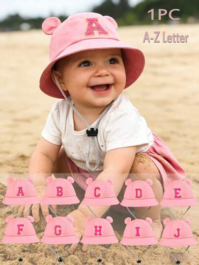 1 pieza Sombrero ajustable y transpirable para niños con 26 letras personalizadas, color rosa, sombrero de cubo para protección solar en la playa, adecuado para actividades al aire libre, uso diario y como regalo de cumpleaños para niñas pequeñas y bebés