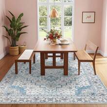 Blue,Area Rug 5x7 Feet Living Room Rug Pink And Blue Bohemian Style Washable Machine-Washable Rug Non-Slip Indoor Rug Foldable Large Size Soft Rug Suitable For Dining Room, Bedroom, Study, And Dormitory - 藍色 - 查看 3