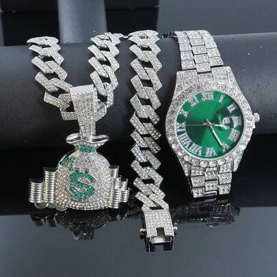 1 Set Bolso de dinero completamente con rhinestones, Colgante en forma de diamante de 15 mm con cadena cubana, Reloj de hombre de esfera verde, Conjunto de accesorios de estilo hip hop para hombre