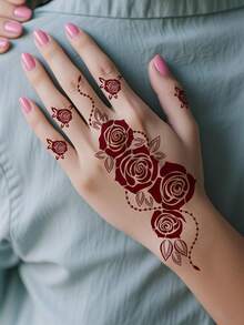 1 hoja de tatuaje de henna marrón temporal para manos y dedos, tatuaje de flores, tatuaje corporal temporal para festivales - Marrón - Ver 2