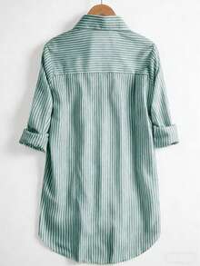 Plus Size Women's Striped Long Sleeve Lapel Collar Button Shirt Spring - Green - View 2