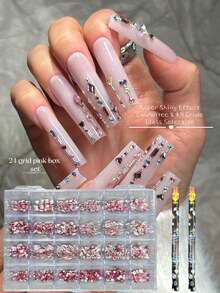 KIRAME 24 Compartments DIY Manicure K9 Glass Pink Flat Bottom Rhinestone Set - 20pcs High Gloss Rhinestones Per Style, Includes 2 Dotting Pens, Nail Gems, Nail Salon, Home Manicure, Nail Art Supplies, Christmas, New Year, Valentine's Day Nail Art, Holiday Gift, Suitable For Crafts, Clothing, Textiles, Shoes, Glassware, Jewelry Making - Multi-Size Sparkling Decorations Nails - 粉色 - 查看 2