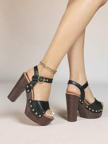 Women's Bold Buckles Studded Wedge Sandal Platform Heeled Summer Fashion Sandals Ankle Strap Shoes - 黑色 - 查看 3