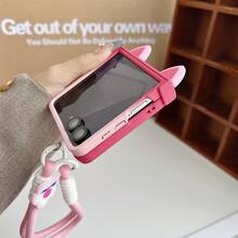 Cute Gradient Pink Cat Ears Phone Case With Pink FFlower Anti-Lost Strap Compatible With Samsung Galaxy ZFlip7 Z Flip6 ZFlip 5 Zflip6 Zflip5 Shockproof Back Cover - Màu hồng chuyển sắc - Xem 10