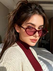 1 pieza Gafas de mujer clásicas y versátiles con montura redonda pequeña y estilo retro, de moda para la calle - Marco y borde de color rojo vino - Ver 4