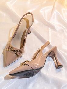 Women's Pointed Toe Metallic Buckle Accent High Heel Party Shoes - Barely Pink - View 2