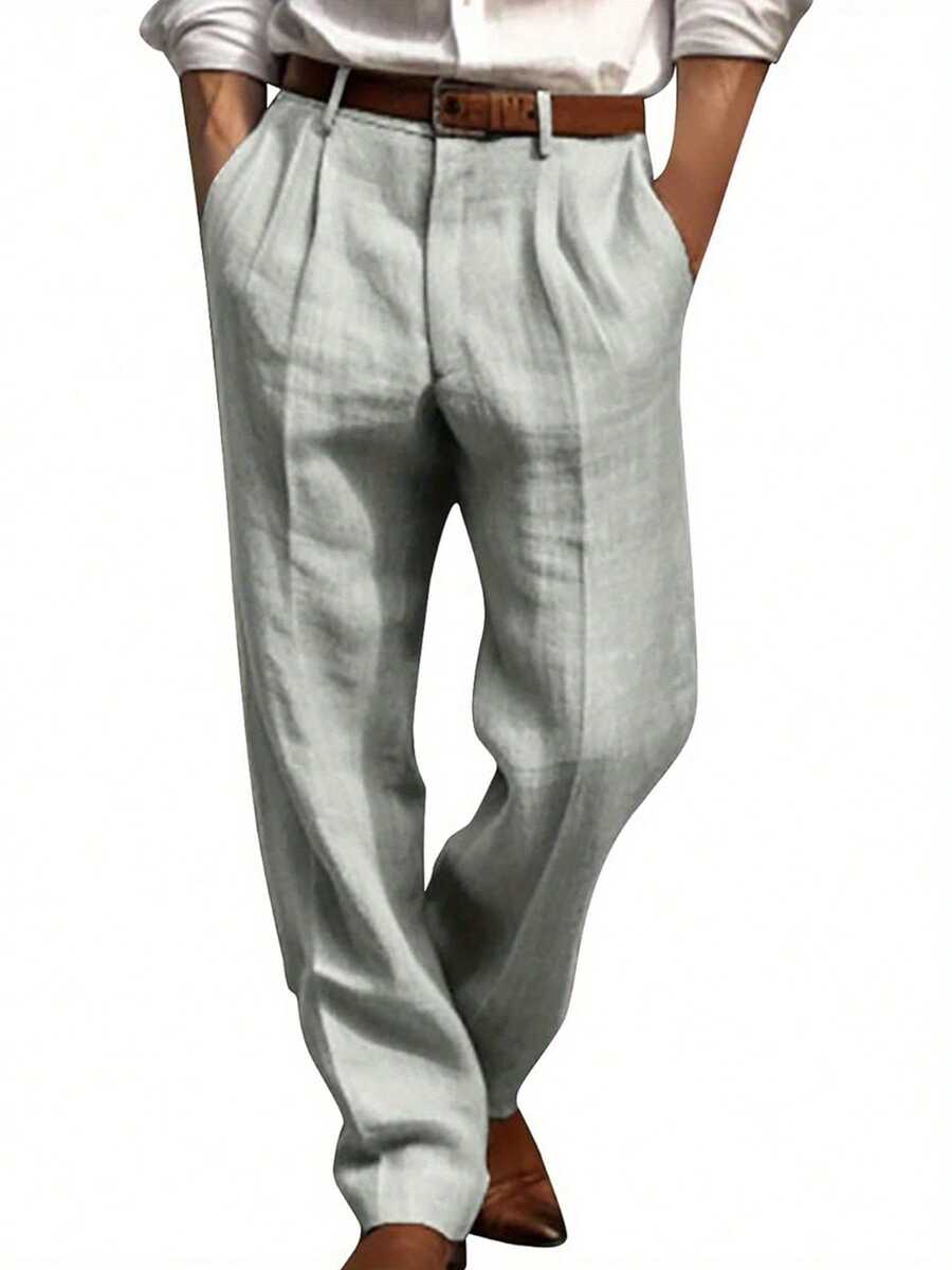 Men's Linen Pants Solid Color Pleated Mid Waist Straight Leg Casual Trousers With Pockets For Daily Office - 灰 - 查看 1