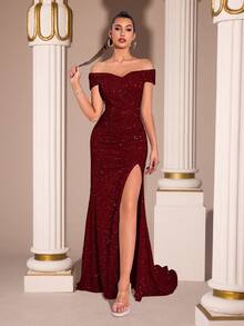 亮片优雅露肩交叉高腰褶裥高开衩露背曳地长裙，适合舞会、婚礼、盛大晚宴、返校节、约会之夜、正式晚宴、生日派对、节日庆典、家庭聚会等场合。 - 酒紅色 - 查看 6