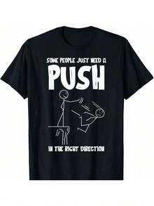 Camiseta de Humor de Stickman con Botón para Hombres Algunas Personas Solo Necesitan un Empuje Eslogan Minimalista Casual Cuello Redondo - Negro - Ver 11