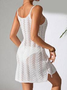 女士夏季波西米亚渐变镂空性感透视罩衫吊带迷你连衣裙度假沙滩白色 - 白色 - 查看 6