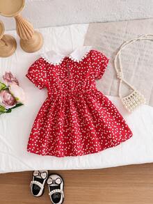 Baby Girls' Fashionable Cute Dress, Baby GirlVintage Collar Heart Pattern Dress, Baby Girls' Casual Elegant Sweet Versatile Clothing, Baby Girl Comfortable Outdoor Holiday Party Summer Outfit, Suitable For 0-1-2-3 Years Old, 6-9 Months - Red - View 2