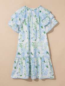 Women's Floral & Striped Print Ruffle Hem Cap Sleeve Vacation Dress, Summer Elegant - Baby Blue - View 5