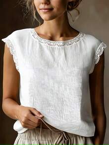 女士复古亚麻混纺短袖上衣，蕾丝拼接圆领宽松透气亚麻混纺T恤，夏季白色 - 白色 - 查看 2
