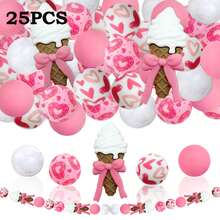 25/28颗粉色冰淇淋、蝴蝶结、爱心硅胶珠套装，搭配彩色爱心和甜甜圈图案圆珠，适合制作首饰、耳环、项链、包包、笔、手机链、化妆刷等DIY饰品，是返校季、节日、生日礼物的理想之选。