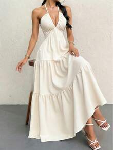 Vestido de verano sin mangas de mujer con cuello halter de gasa, escote en V profundo en la espalda y banda de cintura para vacaciones de verano, bodas o festivales,regalo ideal para día de san valentín,vestidos,vestidos largos,vestidos casuales para mujer. - Beis - Ver 5